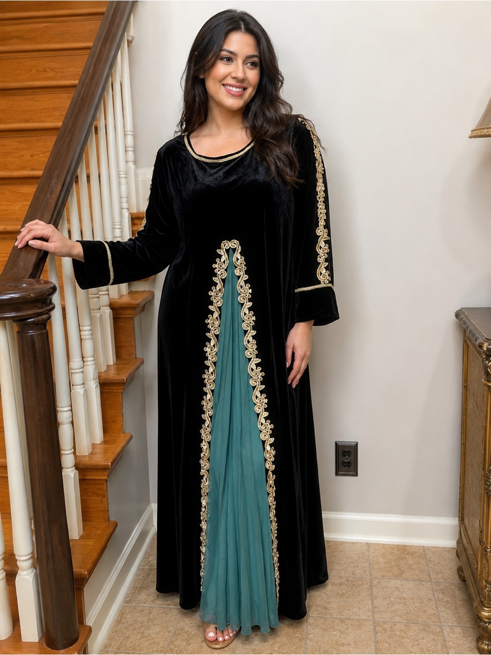 Galabiya Black Velvet Embroidered Maxi Dress with Teal Insets